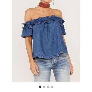 Free People Maxine Denim Off-Shoulder Ruffle Crop Top - Blue